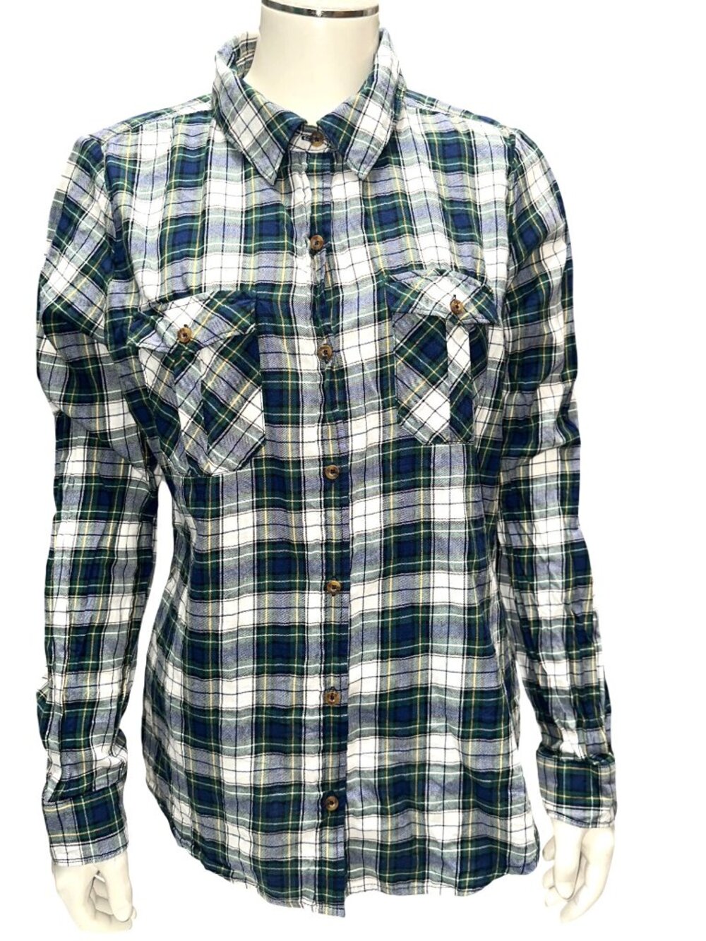 Forever 21 Size L Green Blue Button Up Flannel Shirt Academia Lumbercore Classic - Picture 3 of 11